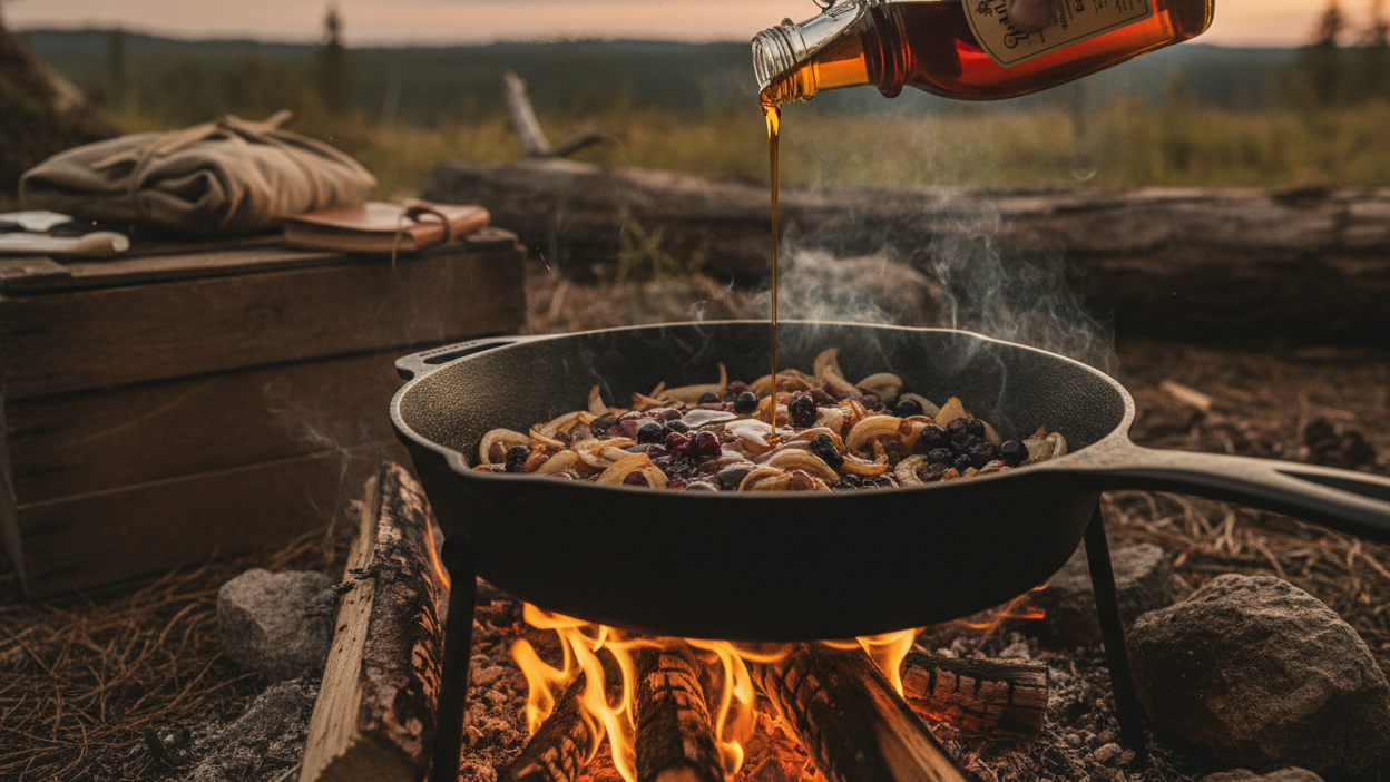 a sweet savory dish that is being cooked in the back woods at dusk over a fire in a cast iron pan, with maple syrup being poured into the dish. The image should feel rustic, elegant, and have an authentic quality feel 